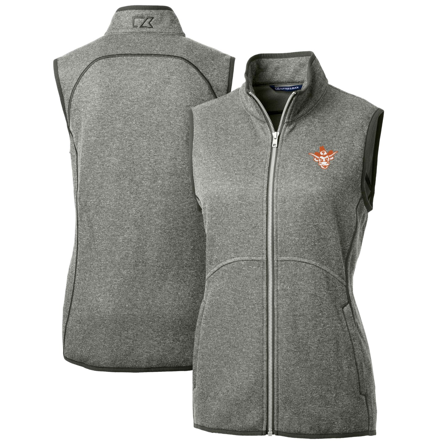 Women's Cutter & Buck Heather Gray Texas Longhorns Mainsail Sweater-Knit Full-Zip Vest