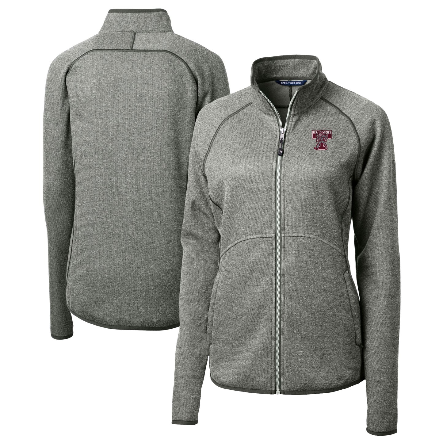 Women's Cutter & Buck Heather Gray Texas A&M Aggies Vault Mainsail Sweater-Knit Full-Zip Jacket