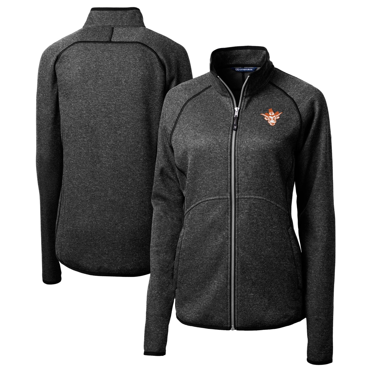 Women's Cutter & Buck Heather Charcoal Texas Longhorns Vault Mainsail Sweater-Knit Full-Zip Jacket