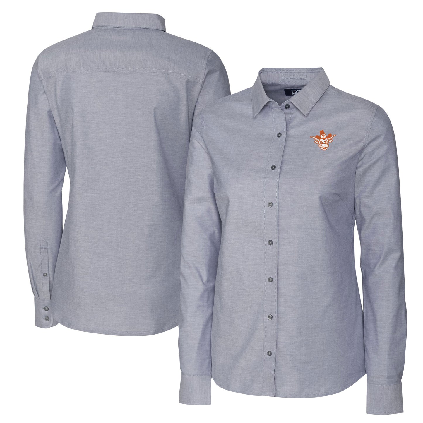 Women's Cutter & Buck Charcoal Texas Longhorns Vault Stretch Oxford Long Sleeve Tri-Blend Button-Up Dress Shirt