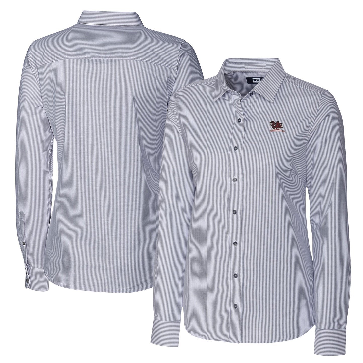 Women's Cutter & Buck Charcoal South Carolina Gamecocks Vault Stretch Oxford Stripe Long Sleeve Tri-Blend Button-Up Dress Shirt