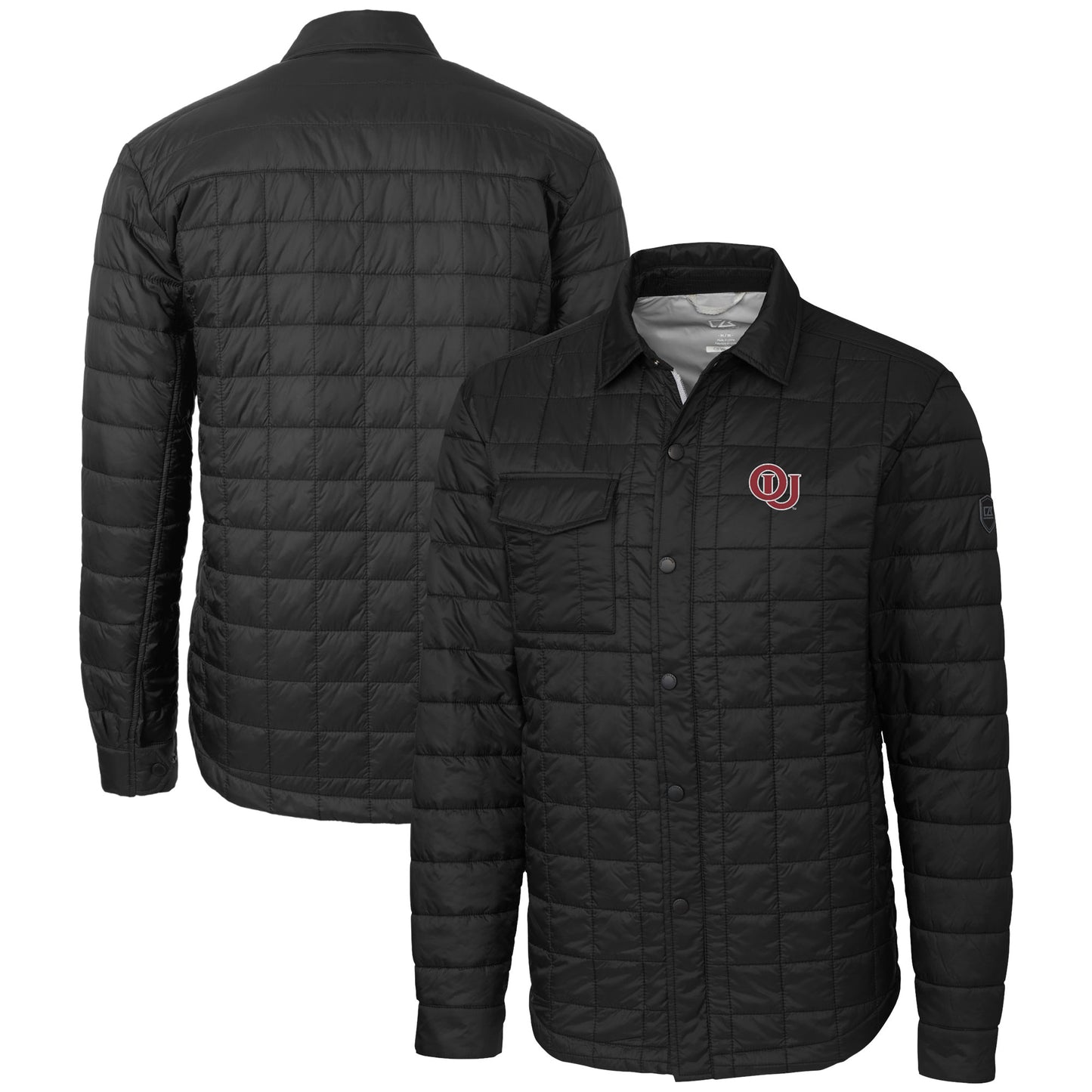 Men's Cutter & Buck Black Oklahoma Sooners Vault Rainier PrimaLoft Eco Insulated Quilted Button-Up Shacket