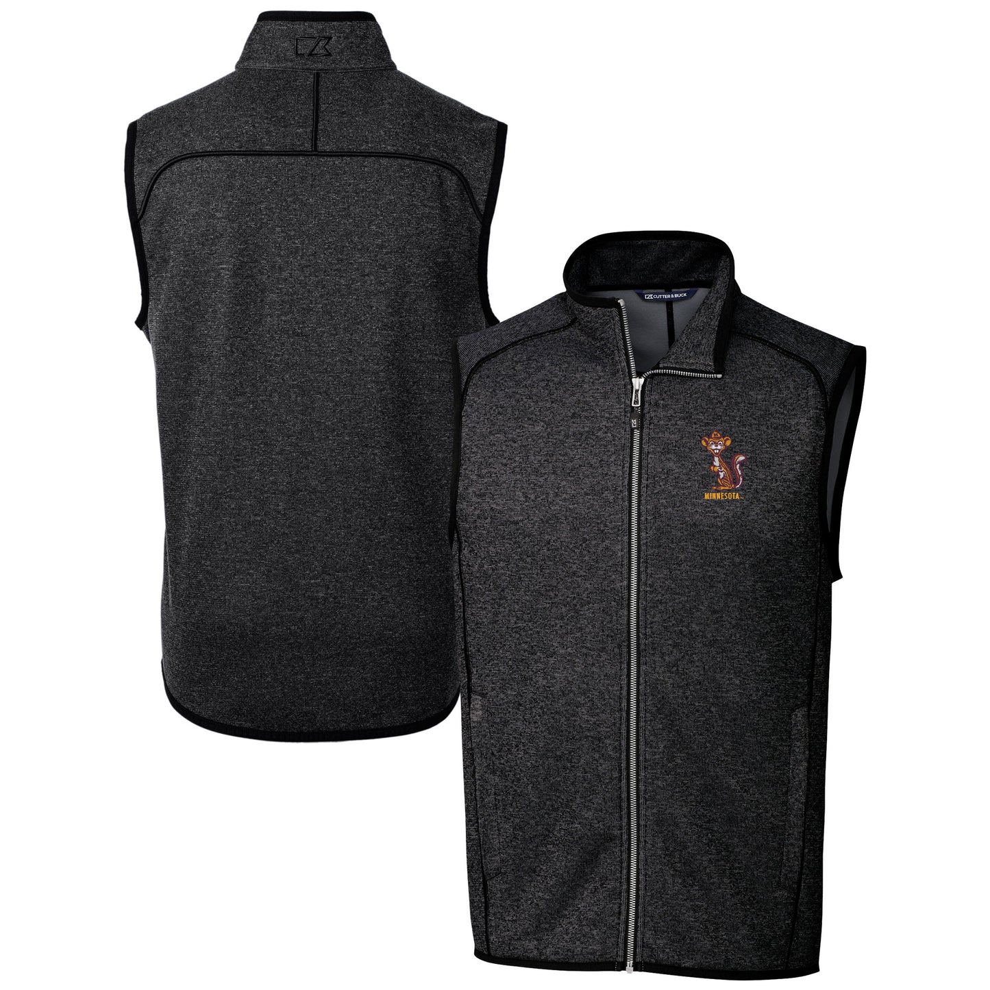 Men's Cutter & Buck Heather Charcoal Minnesota Golden Gophers Vault Mainsail Sweater Knit Fleece Full-Zip Vest