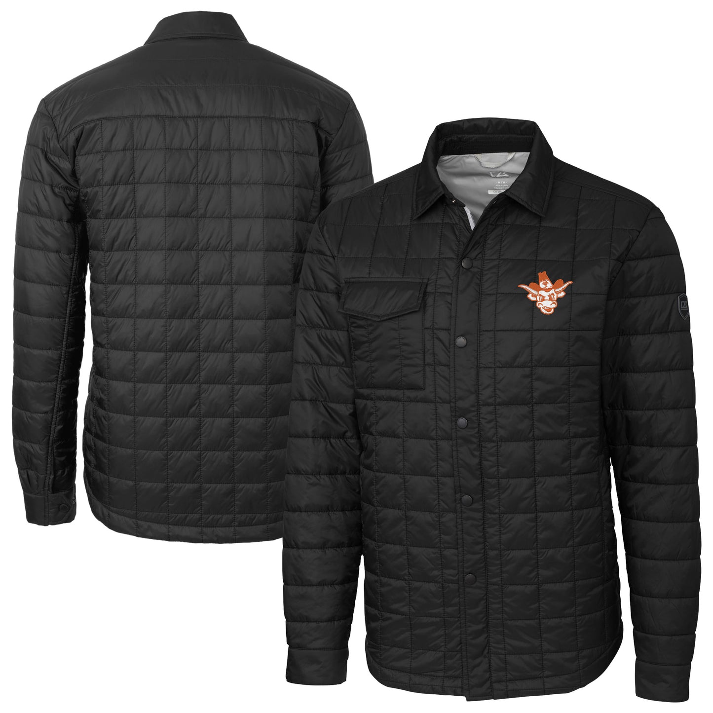 Men's Cutter & Buck Black Texas Longhorns Vault Rainier PrimaLoft Eco Insulated Quilted Button-Up Shacket
