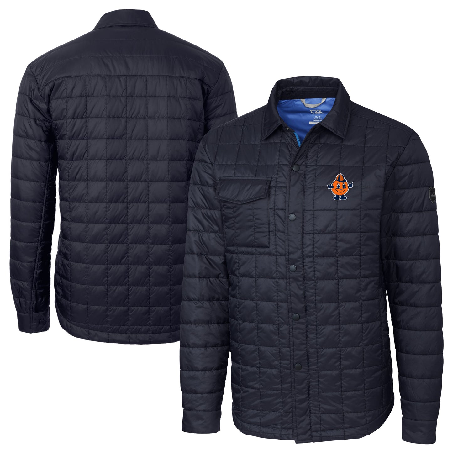 Men's Cutter & Buck Navy Syracuse Orange Vault Rainier PrimaLoft Eco Insulated Quilted Button-Up Shacket