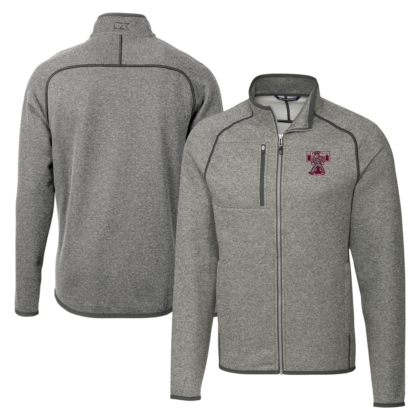 Men's Cutter & Buck Heather Gray Texas A&M Aggies Vault Mainsail Sweater-Knit Full-Zip Jacket
