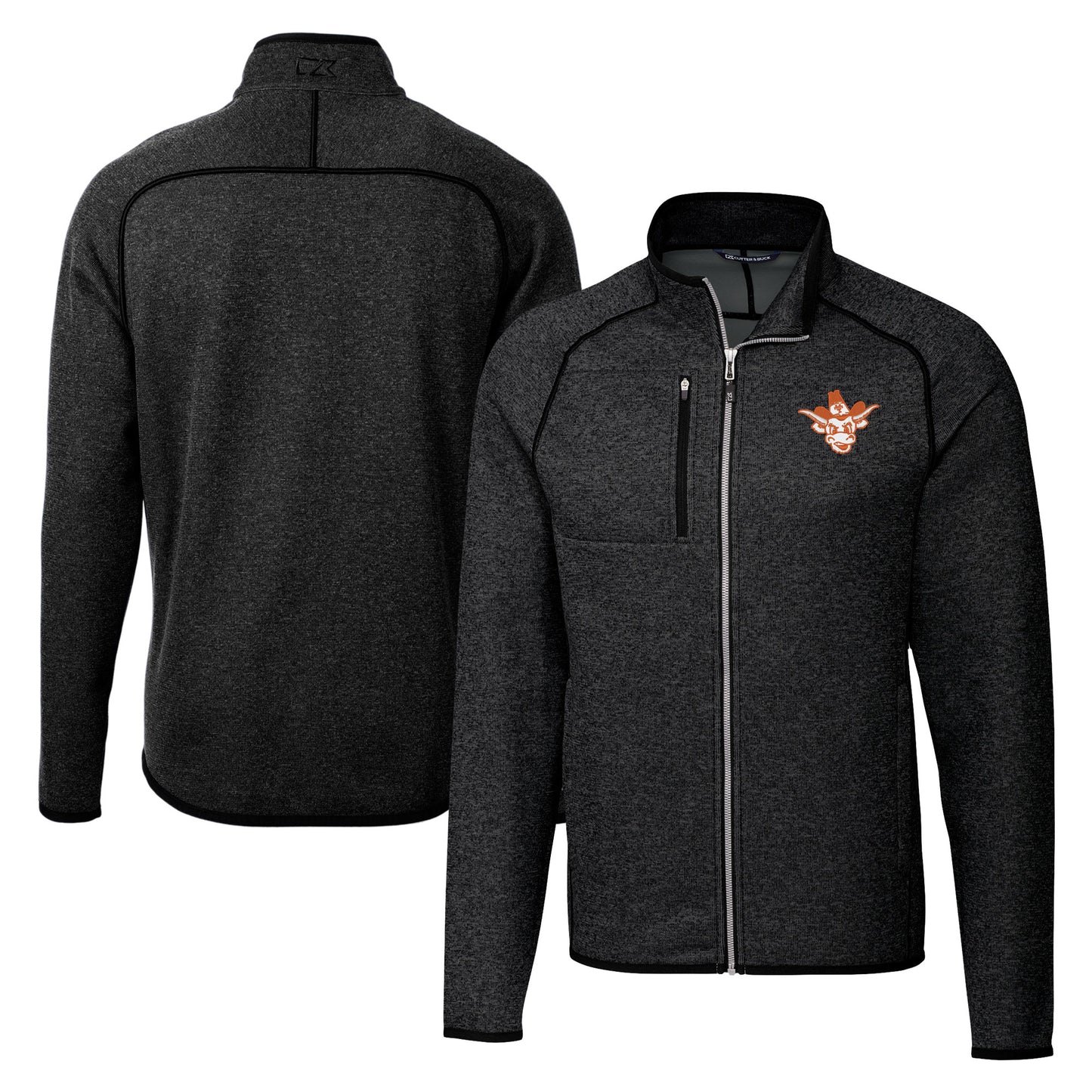Men's Cutter & Buck Heather Charcoal Texas Longhorns Vault Mainsail Sweater-Knit Full-Zip Jacket
