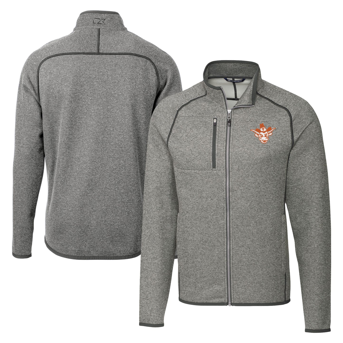 Men's Cutter & Buck Heather Gray Texas Longhorns Vault Mainsail Sweater-Knit Full-Zip Jacket