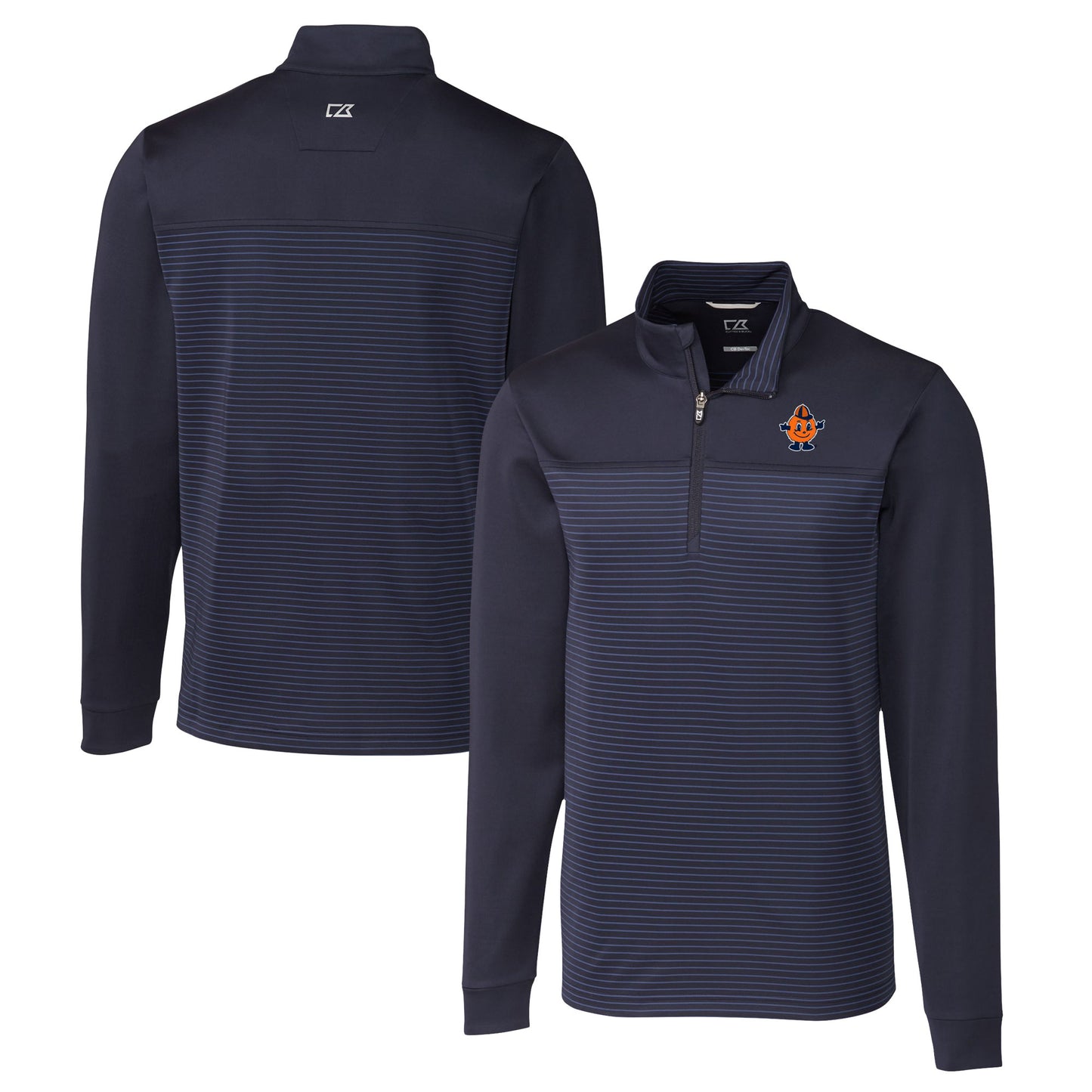 Men's Cutter & Buck Navy Syracuse Orange Vault DryTec Traverse Stripe Stretch Quarter-Zip Pullover