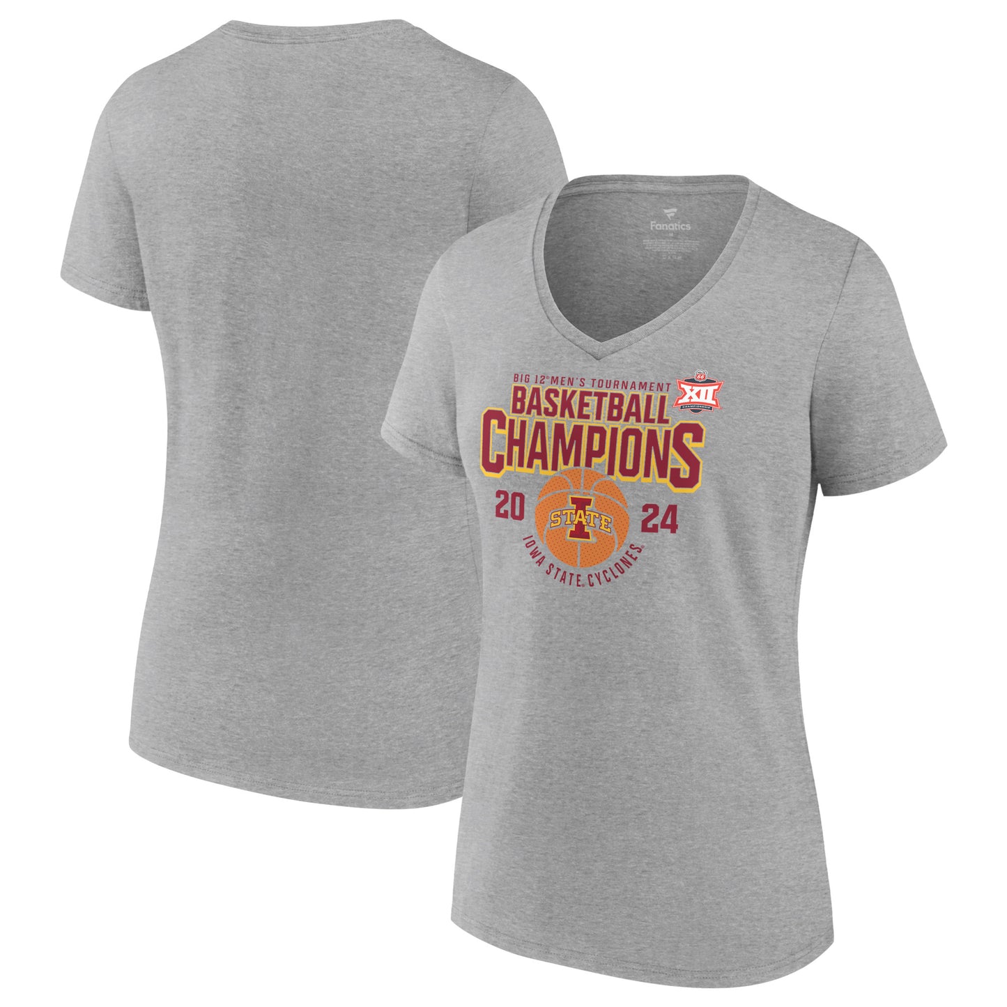 Women's Gray Iowa State Cyclones 2024 Big 12 Men's Basketball Conference Tournament Champions V-Neck T-Shirt