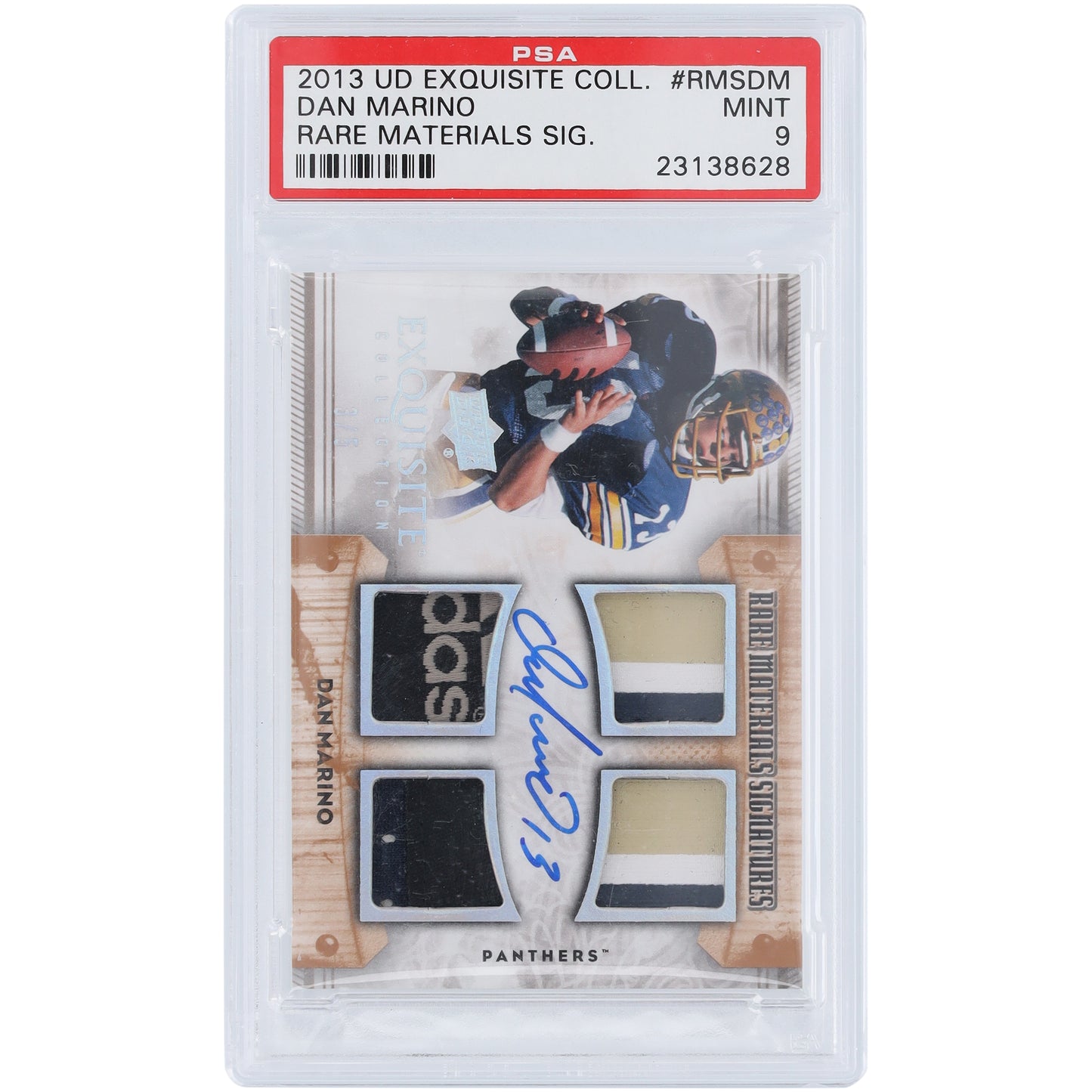 Dan Marino Pitt Panthers Autographed 2013 Upper Deck Exquisite Collection Rare Materials Quad Relic #RMS-DM #3/5 PSA Authenticated 9 Card