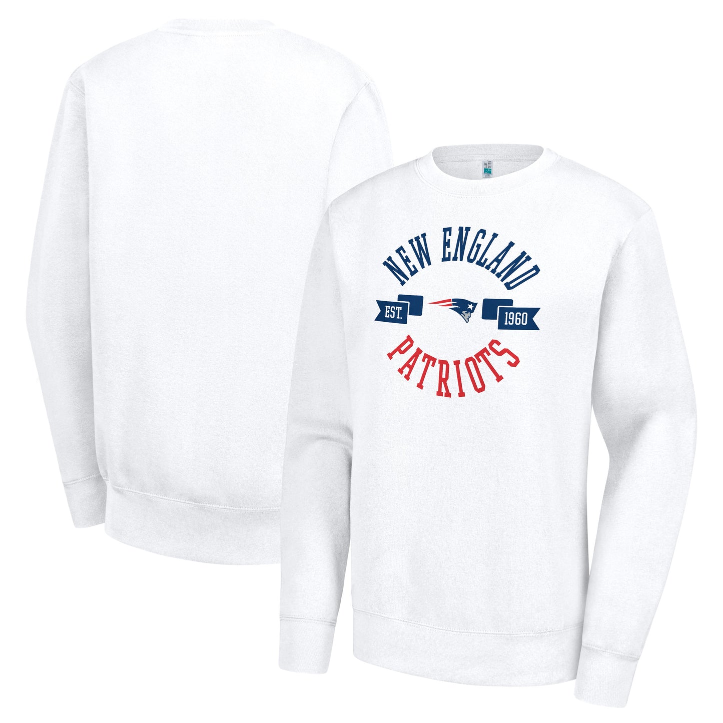 Women's G-III 4Her by Carl Banks White New England Patriots Large Team Graphic Fleece Pullover Sweatshirt