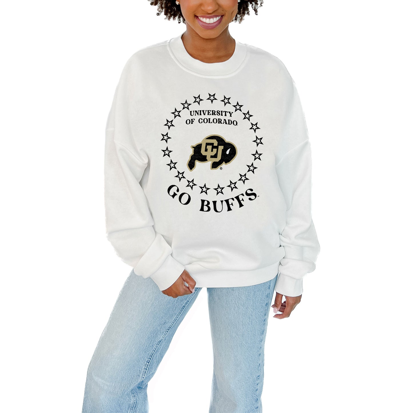 Women's Gameday Couture White Colorado Buffaloes Stars Premium Fleece Drop Pullover Sweatshirt