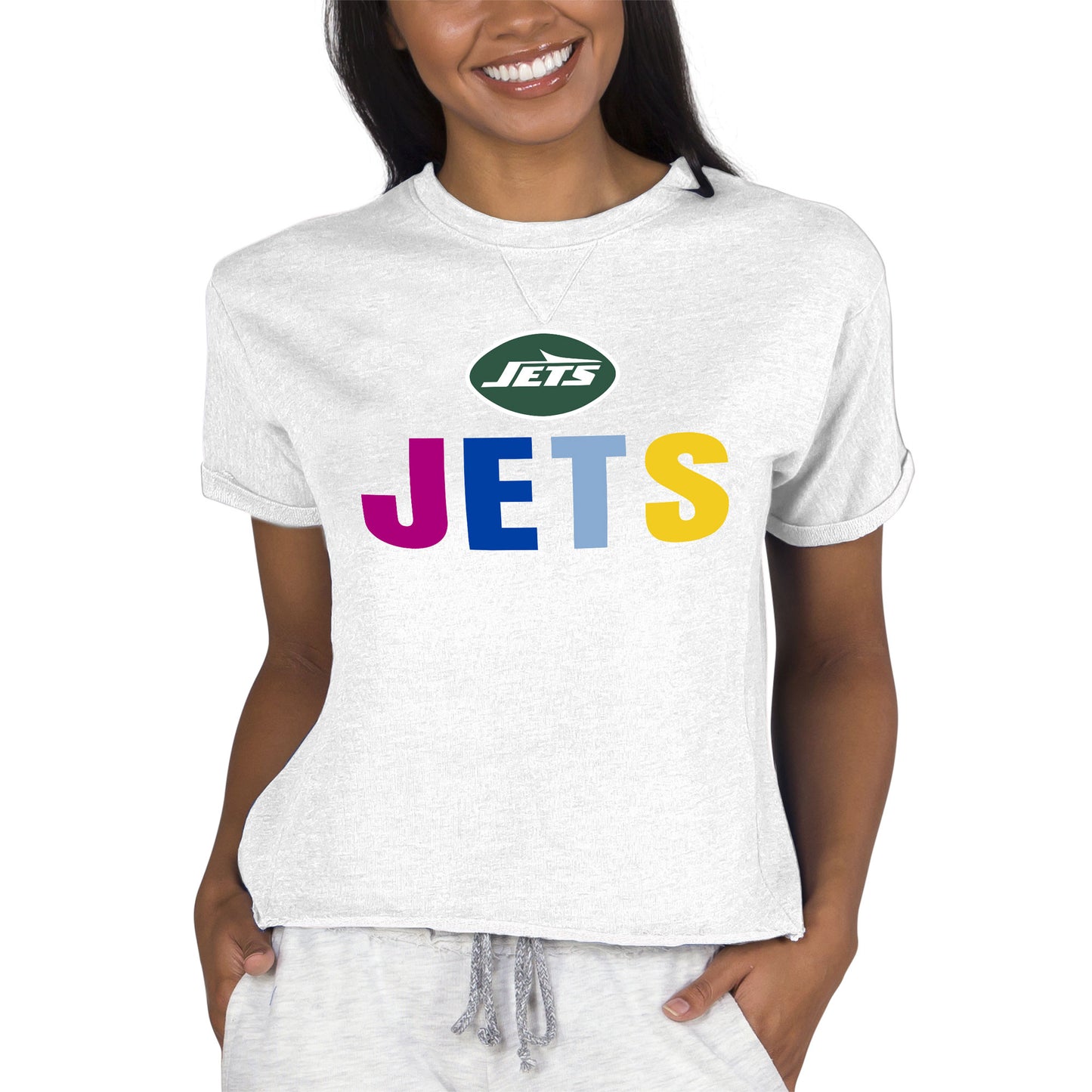 Women's Concepts Sport Oatmeal New York Jets Tri-Blend Mainstream Terry Short Sleeve Sweatshirt Top