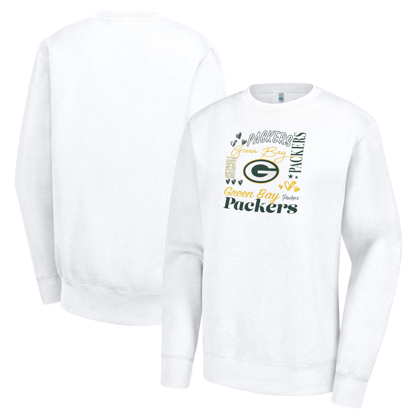 Women's G-III 4Her by Carl Banks White Green Bay Packers Collage Graphic Fleece Pullover Sweatshirt