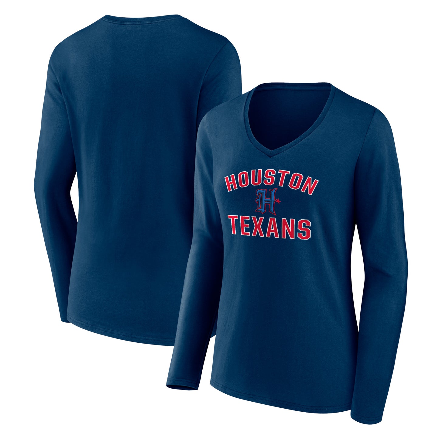 Women's Navy Houston Texans Secondary Logo Victory Arch Long Sleeve V-Neck T-Shirt