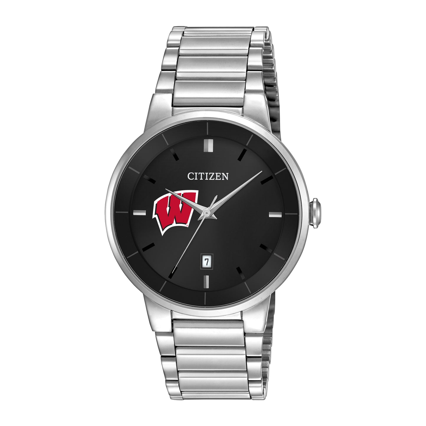 Men's Citizen Watch Silver Wisconsin Badgers Black Dial Stainless Steel Watch