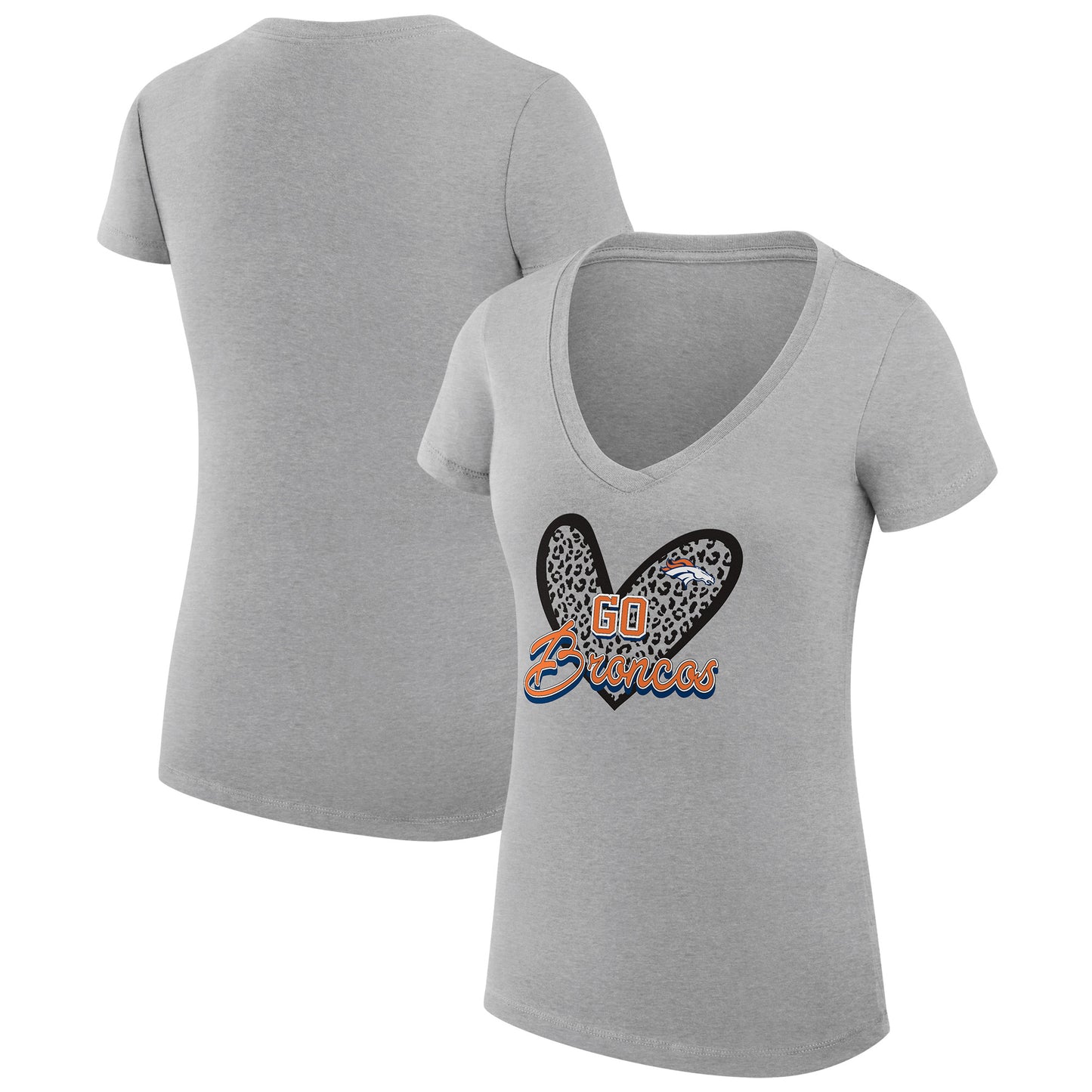 Women's G-III 4Her by Carl Banks Heather Gray Denver Broncos Leopard Heart Fitted V-Neck T-Shirt