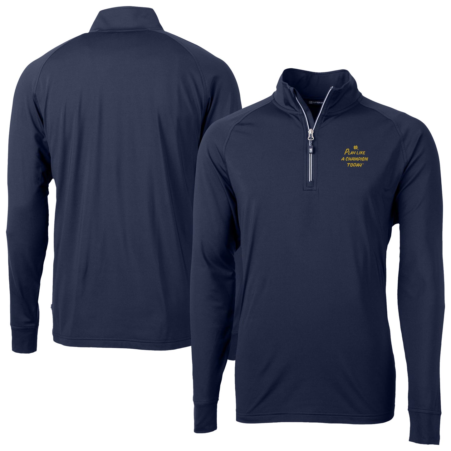 Men's Cutter & Buck Navy Notre Dame Fighting Irish Play Like A Champion Today Adapt Eco Knit Stretch Recycled DryTec Quarter-Zip Top