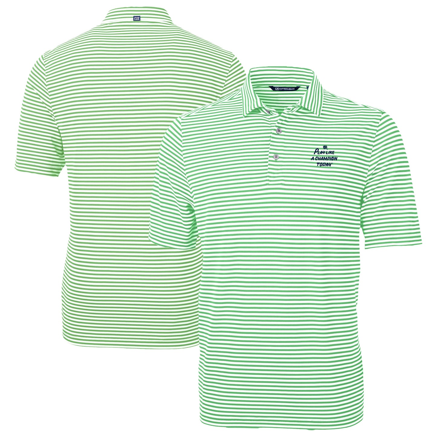 Men's Cutter & Buck Green Notre Dame Fighting Irish Play Like A Champion Today Virtue Eco Pique Stripe Recycled DryTec Polo