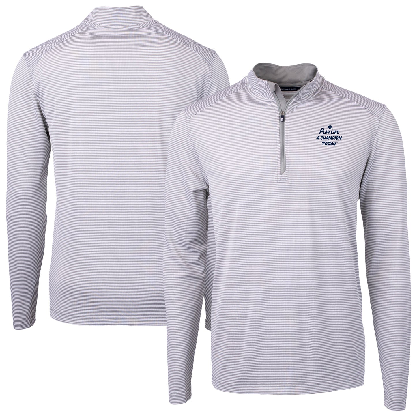 Men's Cutter & Buck Gray Notre Dame Fighting Irish Play Like A Champion Today Virtue Eco Pique Micro Stripe Recycled DryTec Quarter-Zip Top