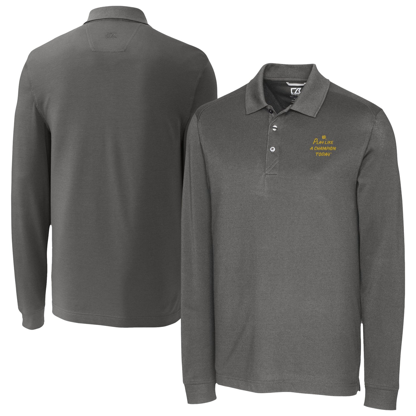 Men's Cutter & Buck Gray Notre Dame Fighting Irish Play Like A Champion Today DryTec Advantage Tri-Blend Pique Long Sleeve Polo