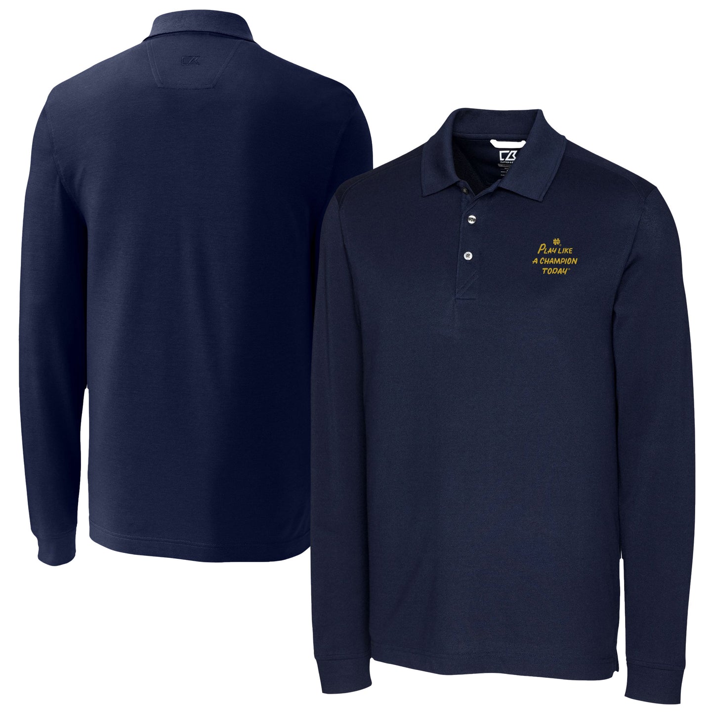 Men's Cutter & Buck Navy Notre Dame Fighting Irish Play Like A Champion Today DryTec Advantage Tri-Blend Pique Long Sleeve Polo