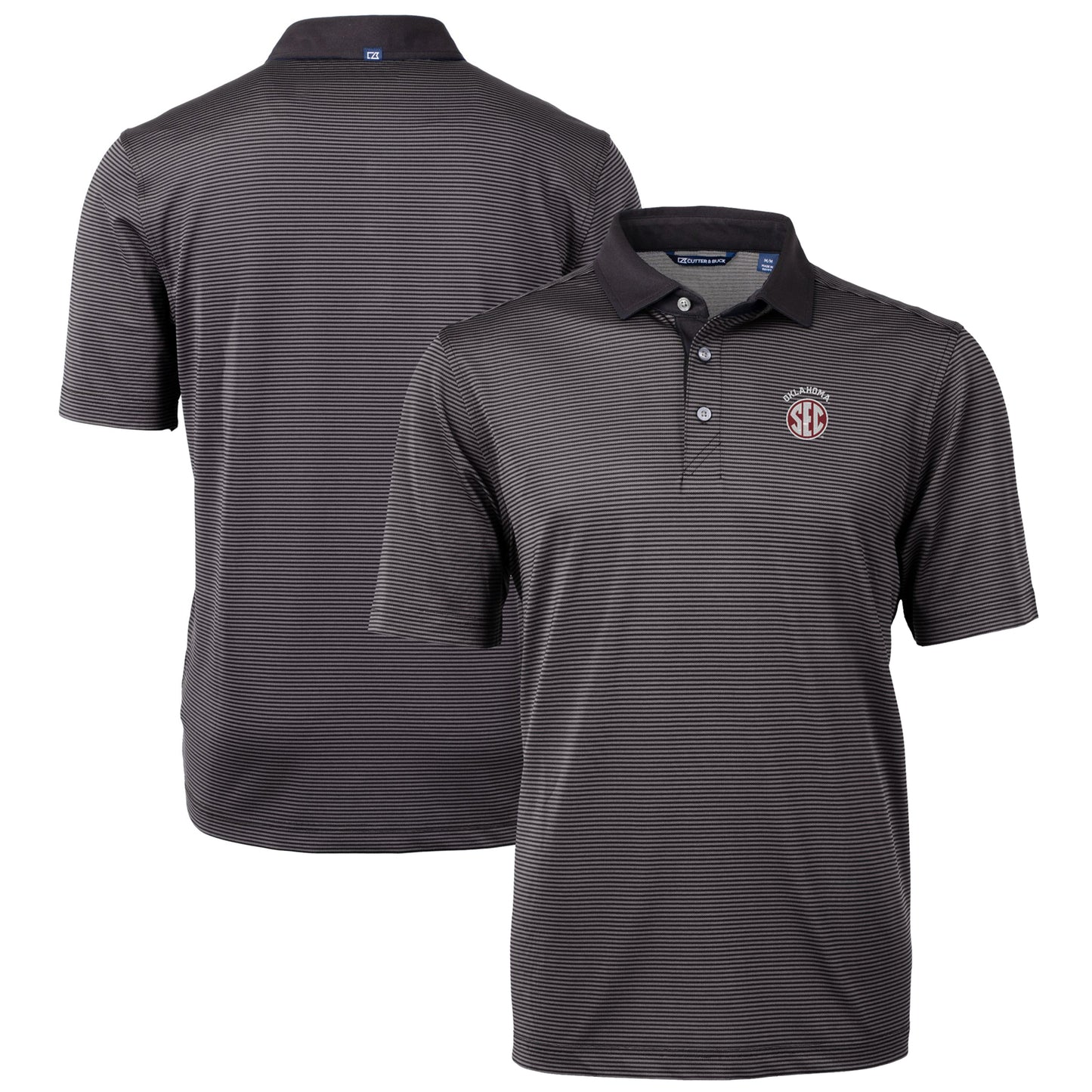 Men's Cutter & Buck Black/Gray Oklahoma Sooners SEC Big & Tall Virtue Eco Pique Micro Stripe Recycled Polo