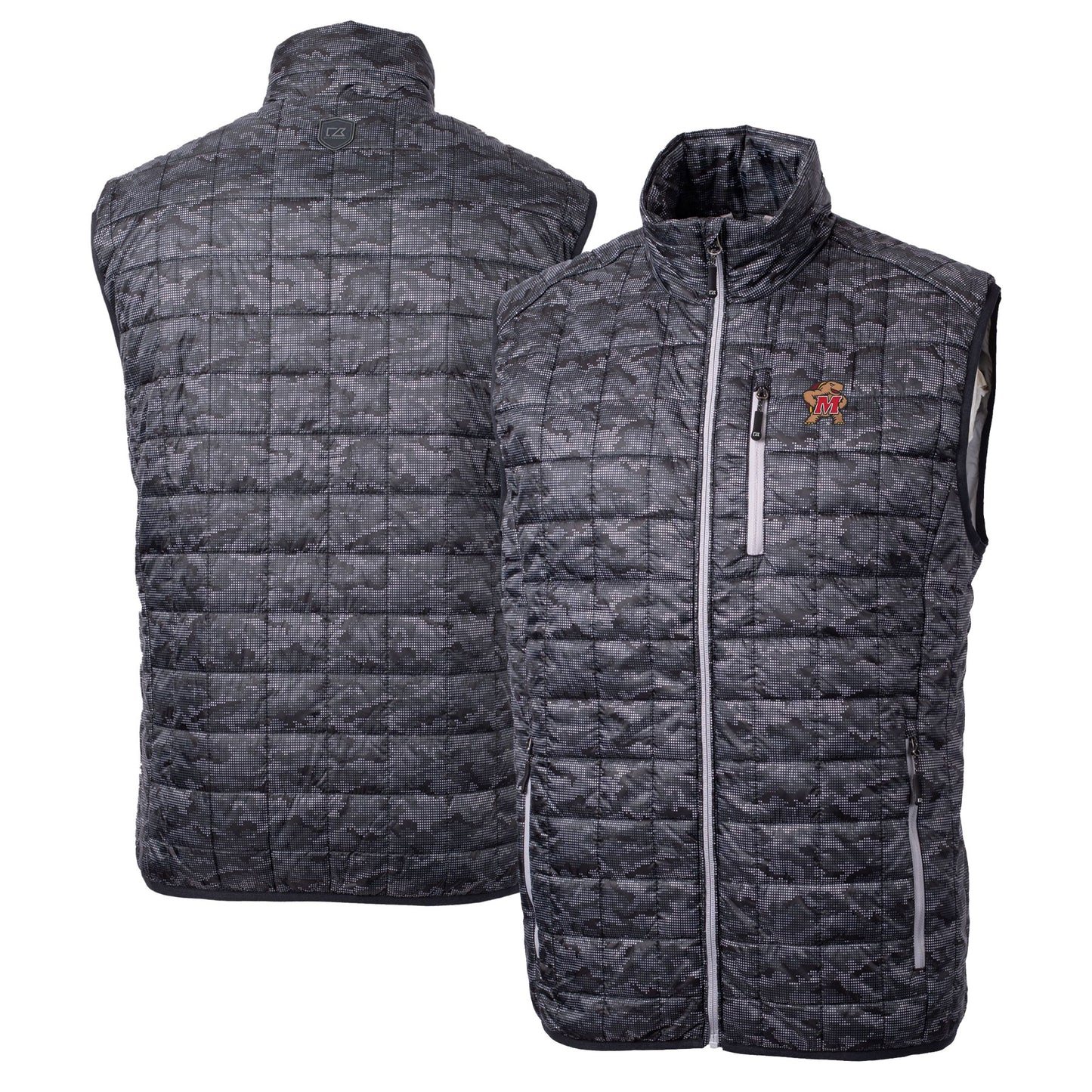 Men's Cutter & Buck Black Maryland Terrapins Rainier PrimaLoft Eco Insulated Printed Full-Zip Puffer Vest