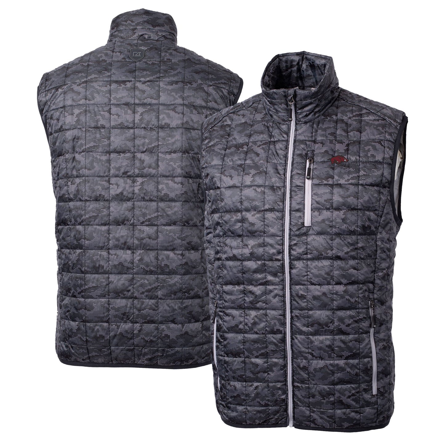 Men's Cutter & Buck Black Arkansas Razorbacks Rainier PrimaLoft Eco Insulated Printed Full-Zip Puffer Vest