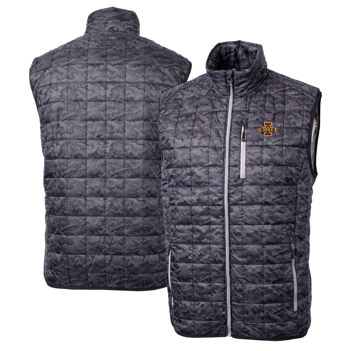 Men's Cutter & Buck Black Iowa State Cyclones Rainier PrimaLoft Eco Insulated Printed Full-Zip Puffer Vest