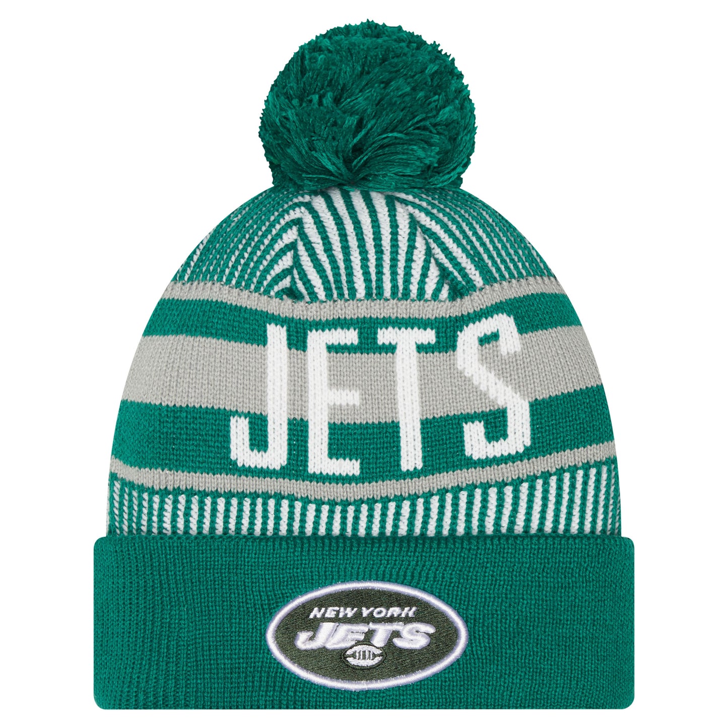 Youth New Era Green New York Jets Striped Cuffed Knit Hat with Pom