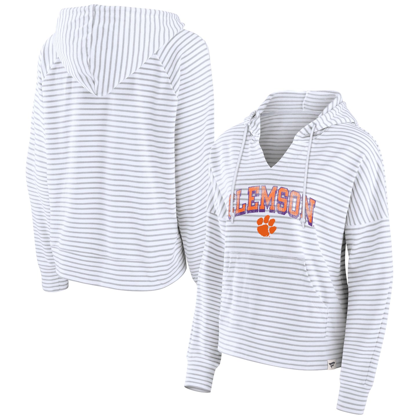Women's Fanatics White Clemson Tigers Striped Notch Neck Pullover Hoodie