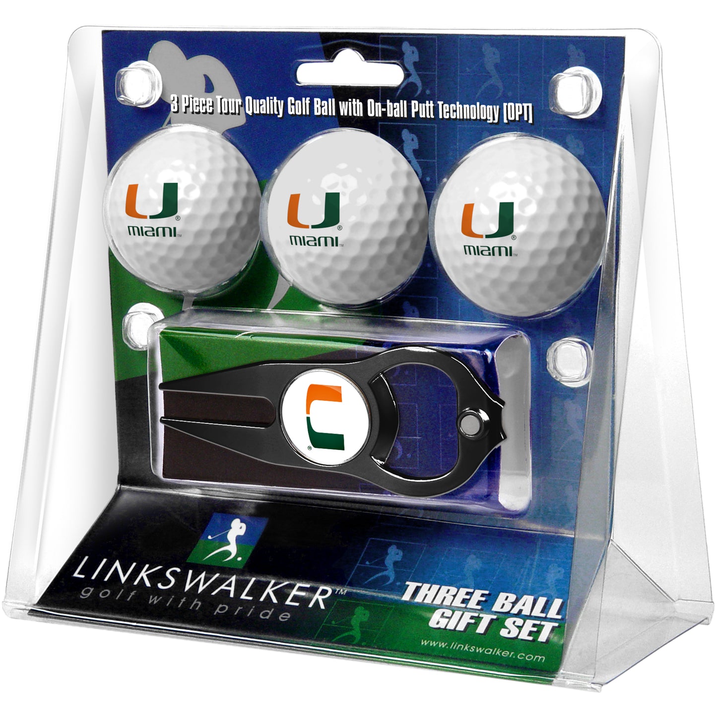 Miami Hurricanes 3-Pack Golf Ball Gift Set with Black Hat Trick Divot Tool