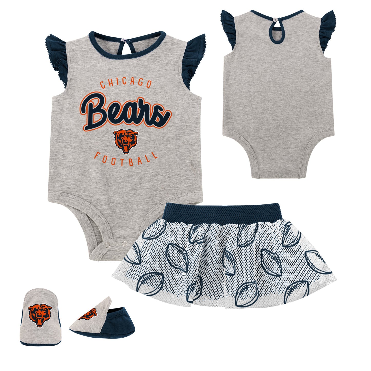 Newborn Heather Gray/Navy Chicago Bears All Dolled Up Three-Piece Bodysuit, Skirt & Booties Set