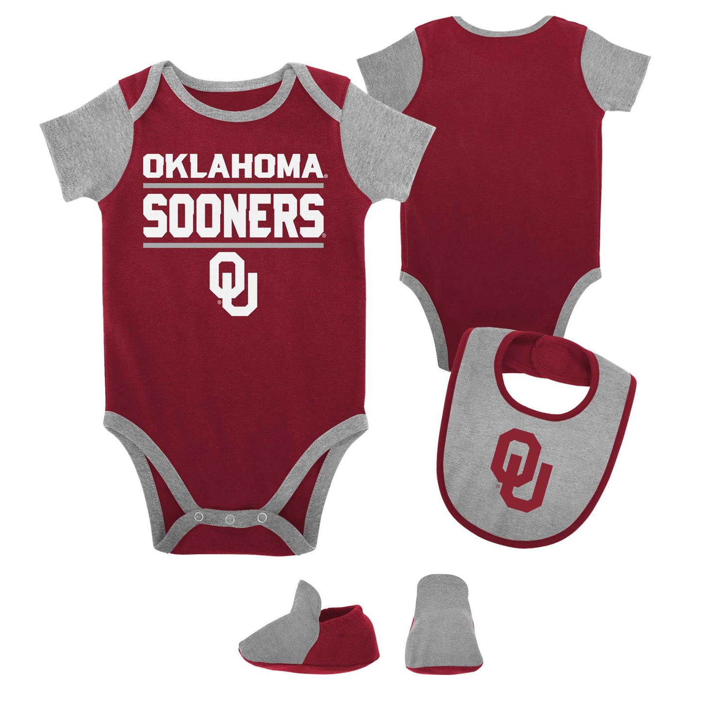 Newborn & Infant Crimson Oklahoma Sooners Home Field Advantage Three-Piece Bodysuit, Bib & Booties Set
