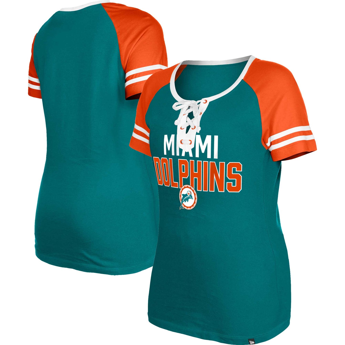Women's New Era Aqua Miami Dolphins Throwback Raglan Lace-Up T-Shirt