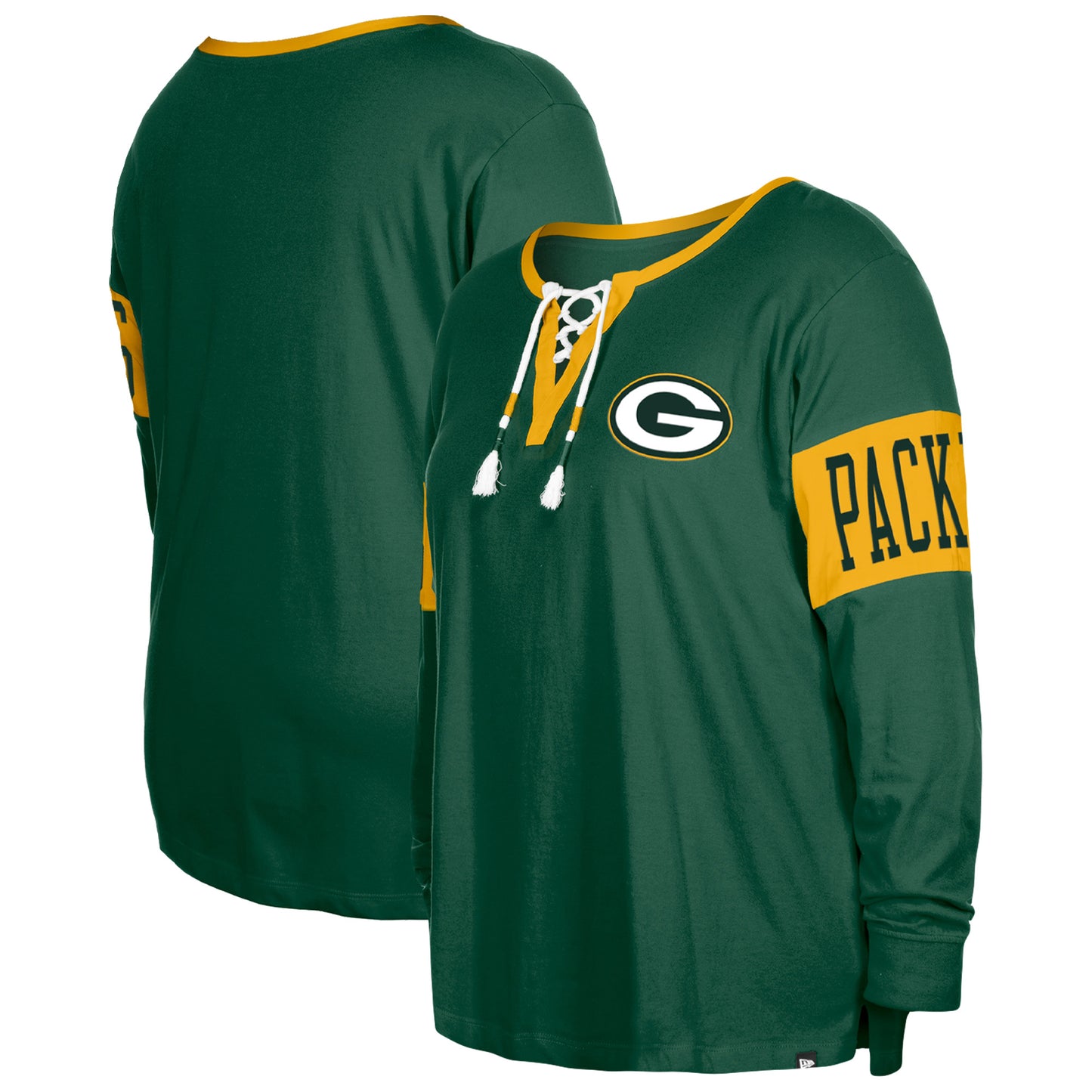 Women's New Era Green Green Bay Packers Plus Size Lace-Up Notch Neck Long Sleeve T-Shirt