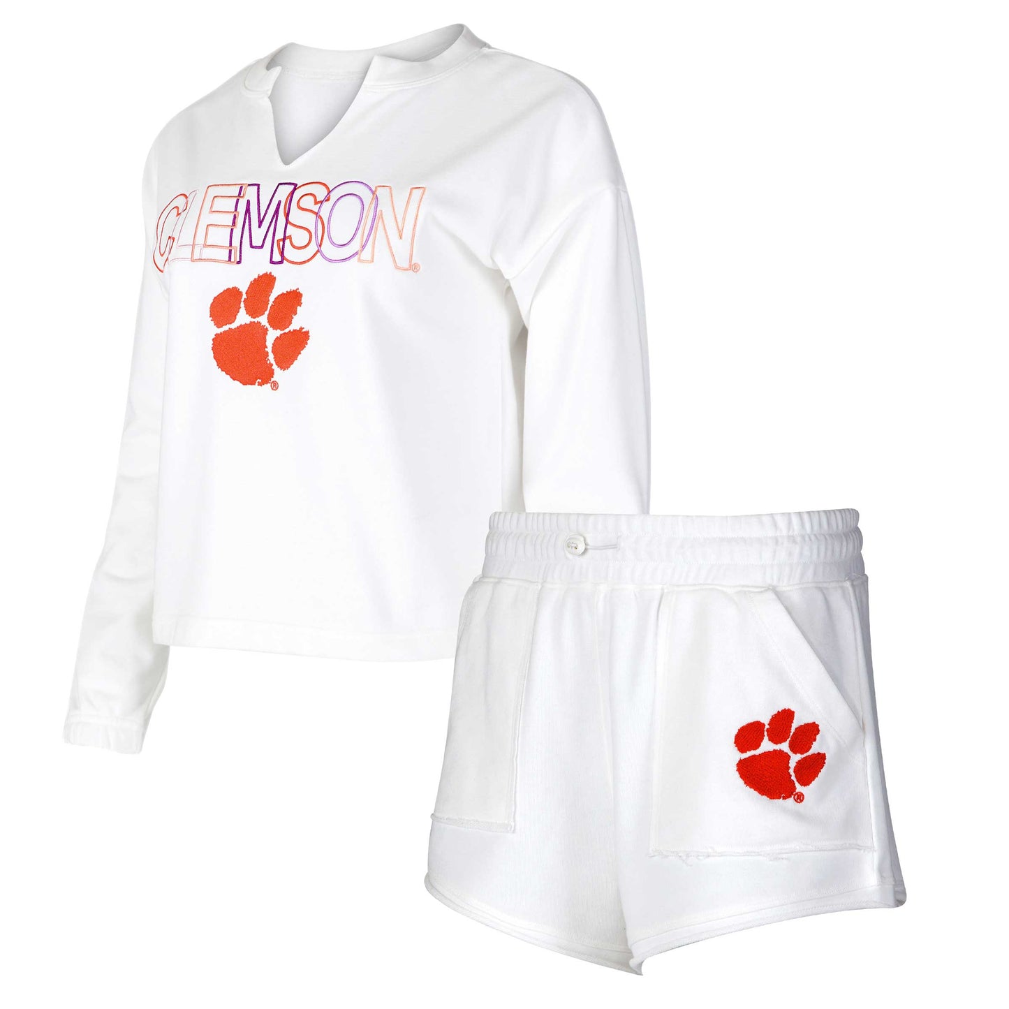 Women's Concepts Sport White Clemson Tigers Sunray Notch Neck Long Sleeve T-Shirt & Shorts Set