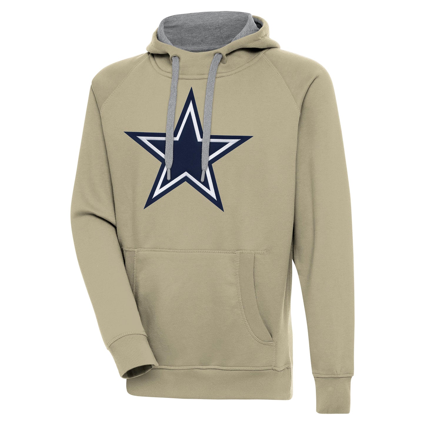 Men's Antigua Khaki Dallas Cowboys Primary Logo Victory Pullover Hoodie