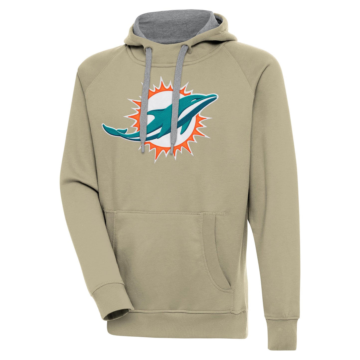 Men's Antigua Khaki Miami Dolphins Primary Logo Victory Pullover Hoodie