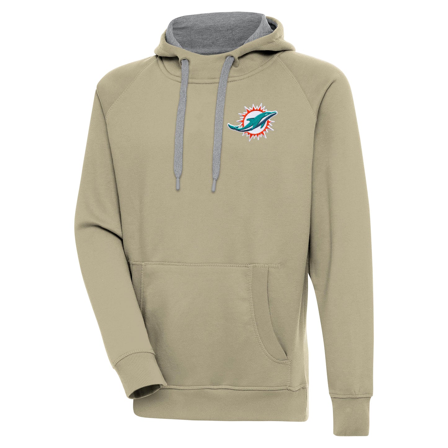Men's Antigua Khaki Miami Dolphins Victory Pullover Hoodie