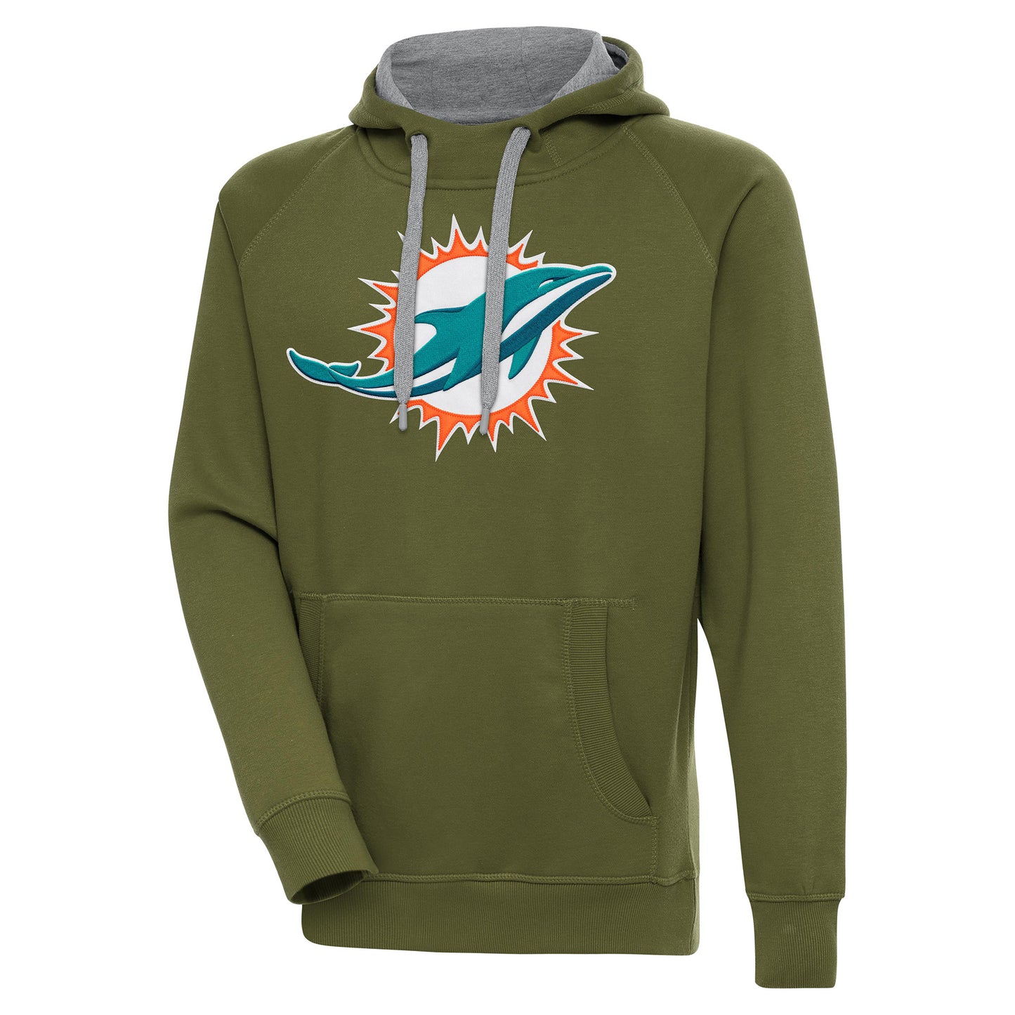 Men's Antigua Olive Miami Dolphins Primary Logo Victory Pullover Hoodie
