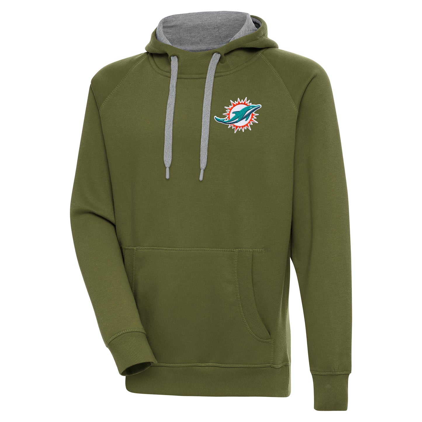 Men's Antigua Olive Miami Dolphins Victory Pullover Hoodie