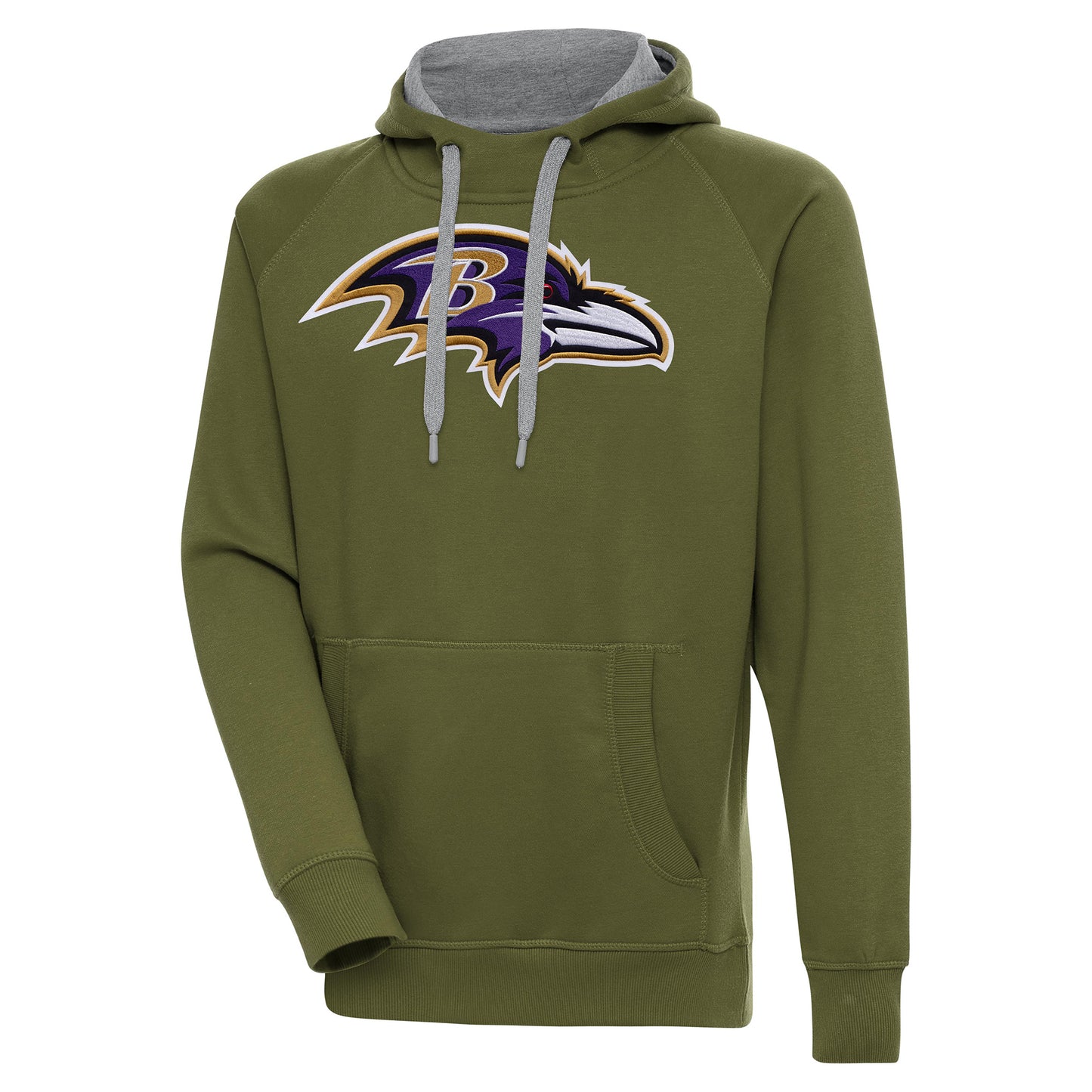 Men's Antigua Olive Baltimore Ravens Primary Logo Victory Pullover Hoodie