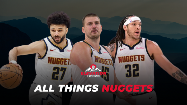 Jamal Murray, Nikola Jokic, and Aaron Gordon of the Denver Nuggets in uniform, set against a mountain silhouette background with the Elevation podcast logo.
