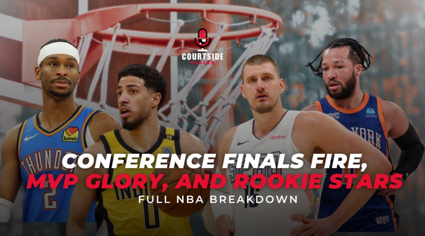 NBA stars Shai Gilgeous-Alexander, Tyrese Haliburton, Nikola Jokic, and Jalen Brunson featured in a Courtside Vision podcast graphic about the NBA Conference Finals and MVP race.