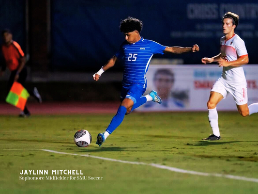 Jaylinn Mitchell, sophomore midfielder for SMU Soccer, kicking a soccer ball during a nighttime game, with 'Jaylinn Mitchell - Sophomore Midfielder for SMU Soccer' text on the image.