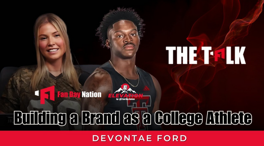 Podcast promo image featuring Mikayla (left) and Devontae Ford (right) with the title “The Talk” and tagline “Building a Brand as a College Athlete.” Logos for Fan Day Nation and Elevation are also displayed.