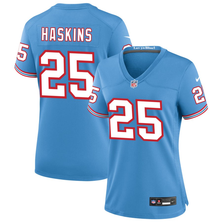 Hassan Haskins Women's Nike Light Blue Tennessee Titans Oilers Throwback Custom Game Jersey